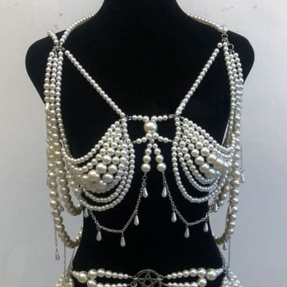 Beaded metal chain hollow out faux pearl cut out top