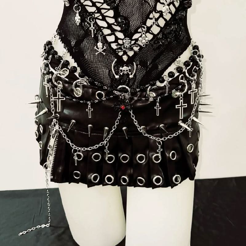 Halter hollow out beaded zip-up mini skirt set