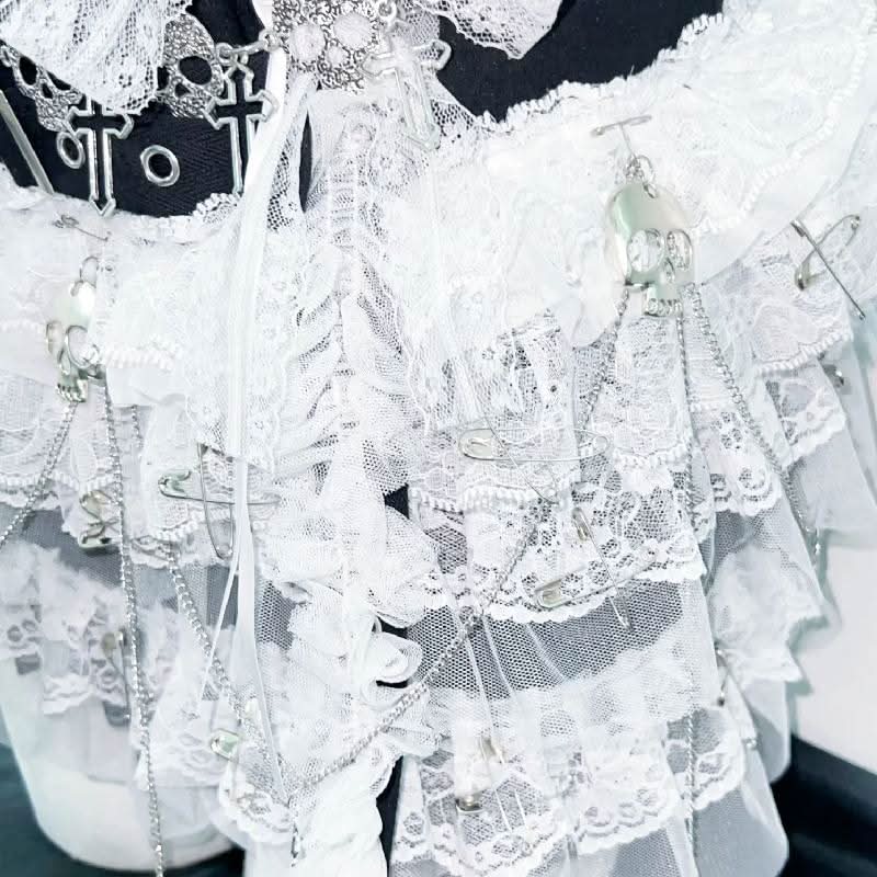 Lace hem self tie bowknot skull applique mini skirt set