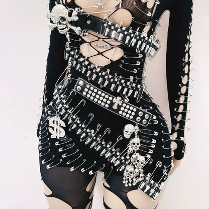Long sleeve metal applique skull hollow out cut out mini dress