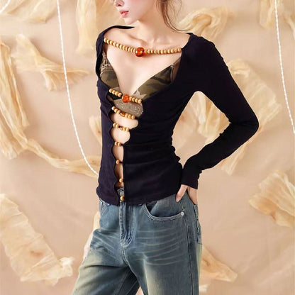 Long sleeve hollow out beaded v neck cut out top