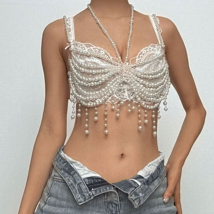Halter beaded tassels hollow out crop cut out top