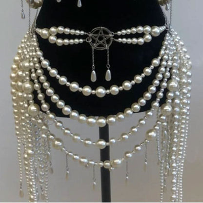 Beaded metal chain hollow out faux pearl cut out top