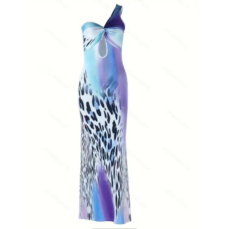 One shoulder leopard print ruched hollow out cut out midi dress