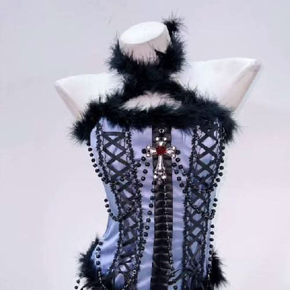 Halter beaded fluffy cross pendant top