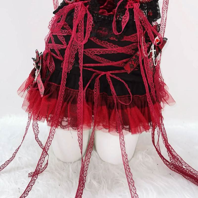 Bowknot beaded lace hem lace up v neck mini skirt set