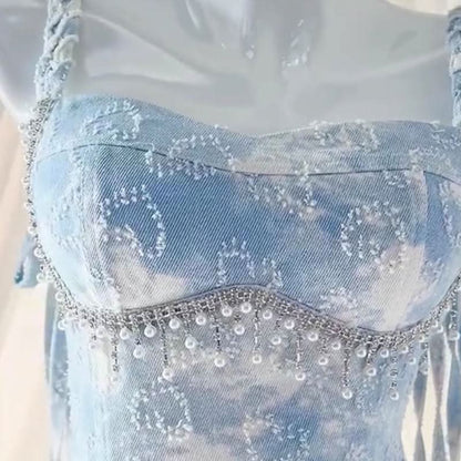 Beaded v neck denim contrast cami mini dress