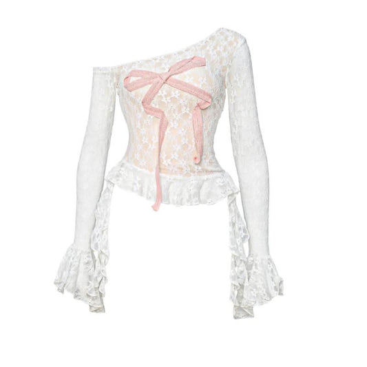 One shoulder long flared sleeve lace hem bowknot top