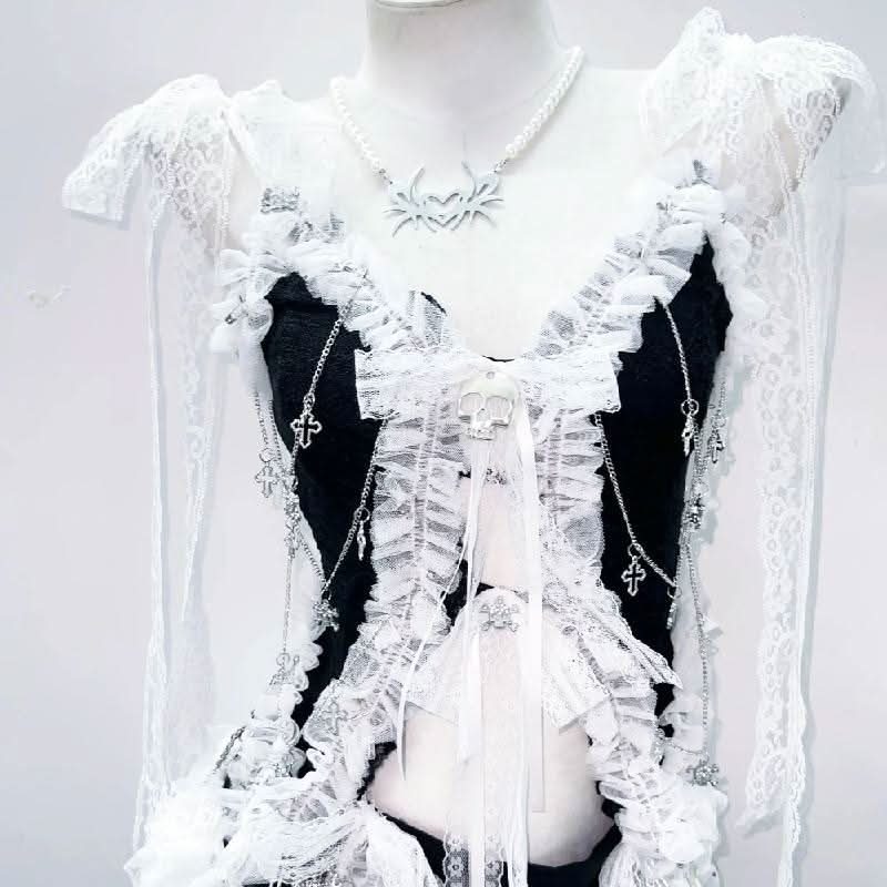 Lace hem self tie bowknot skull applique mini skirt set