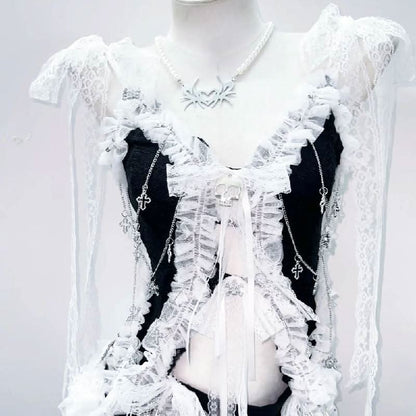 Lace hem self tie bowknot skull applique mini skirt set