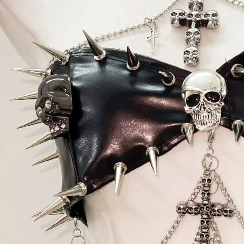 Skull rivet applique PU leather pleated mini skirt set