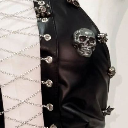 Lace up metal chain hollow out skull applique mini skirt set