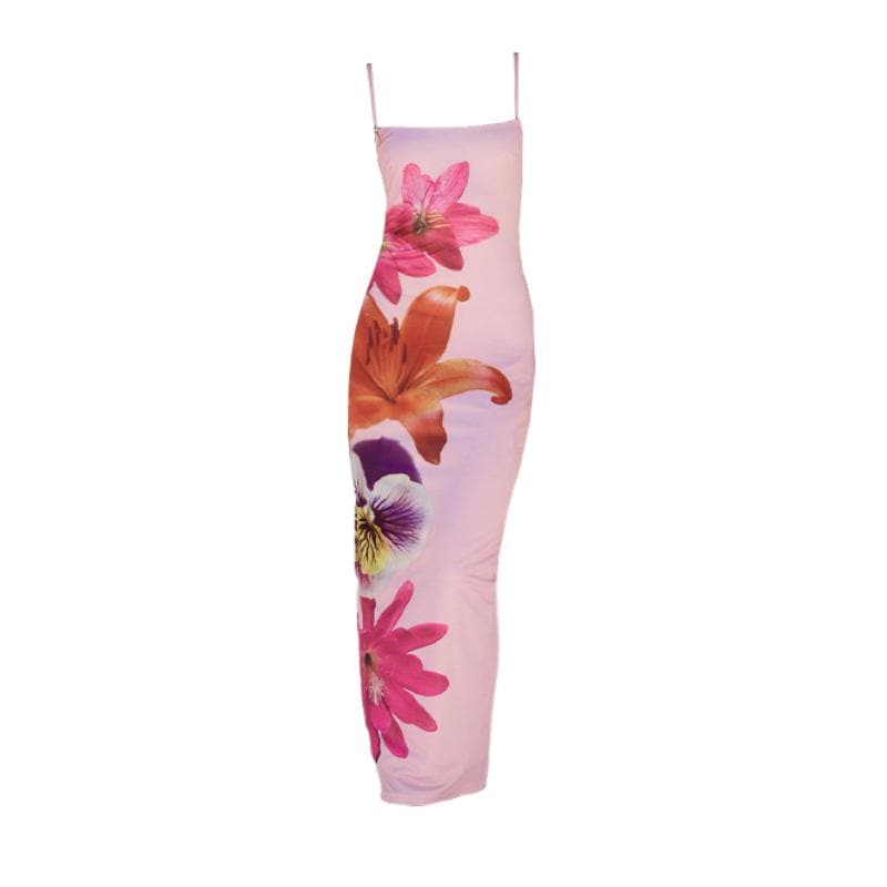 Flower print slit contrast cami maxi dress