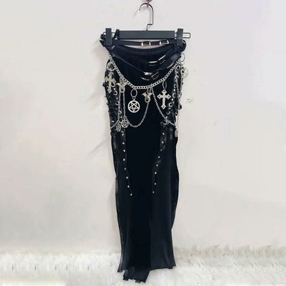 Lace up cross pattern contrast maxi skirt