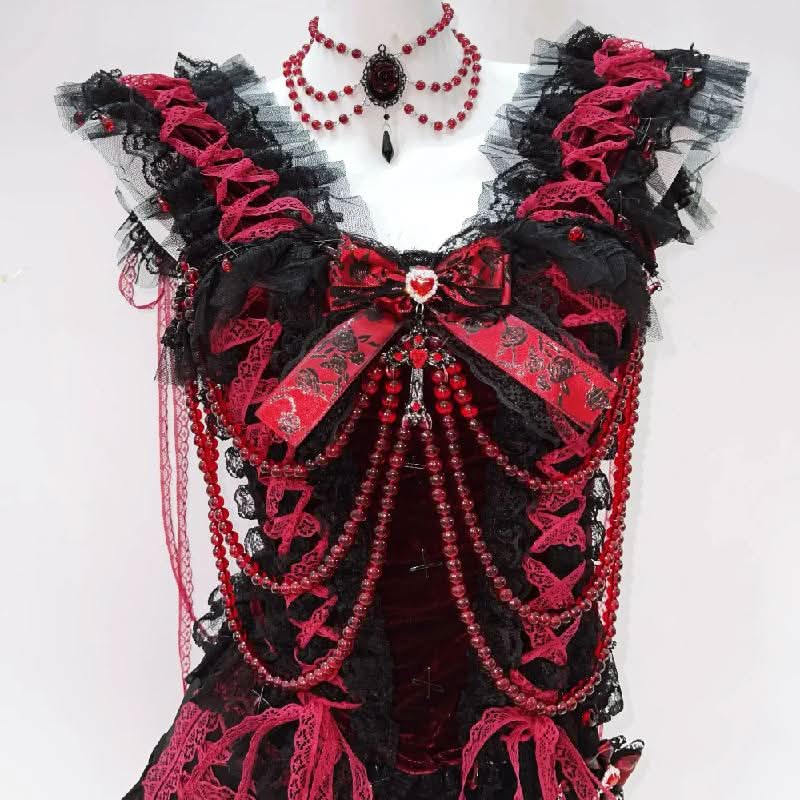 Bowknot beaded lace hem lace up v neck mini skirt set