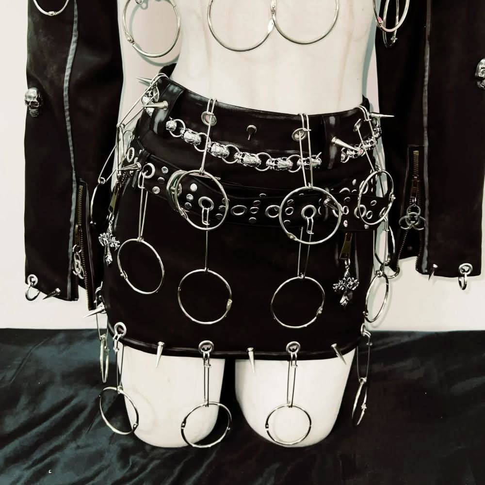 Long sleeve PU leather o ring rivet mini skirt set