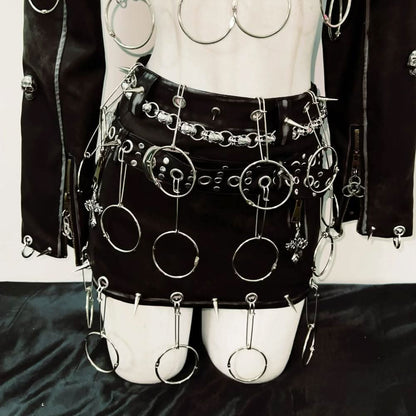 Long sleeve PU leather o ring rivet mini skirt set