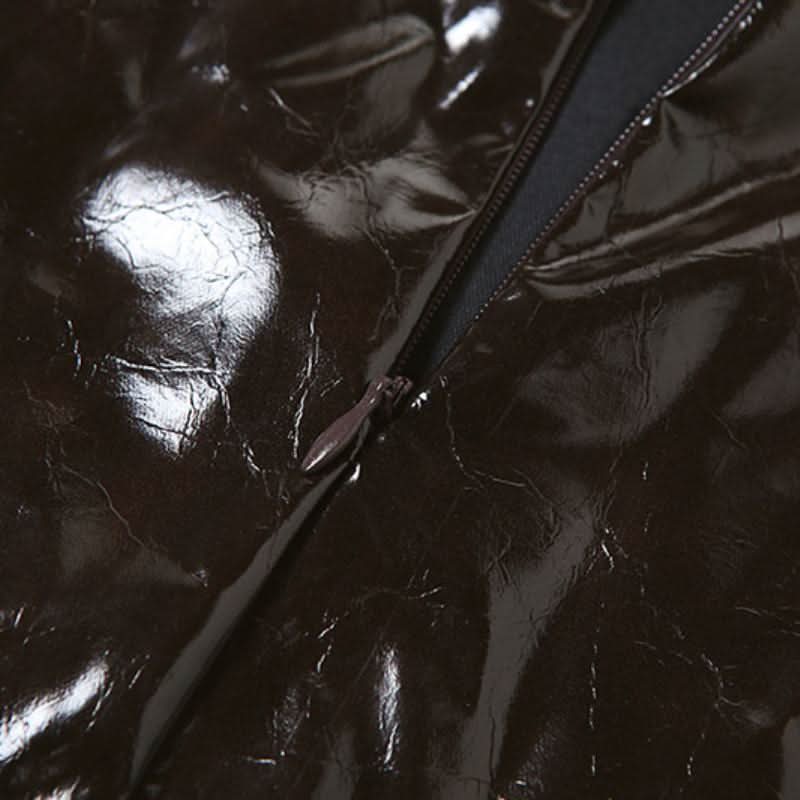 Slit PU leather zip-up brown maxi skirt