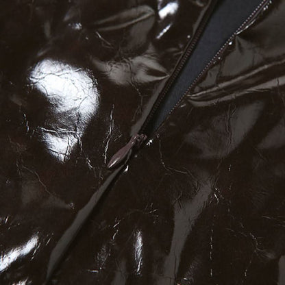 Slit PU leather zip-up brown maxi skirt