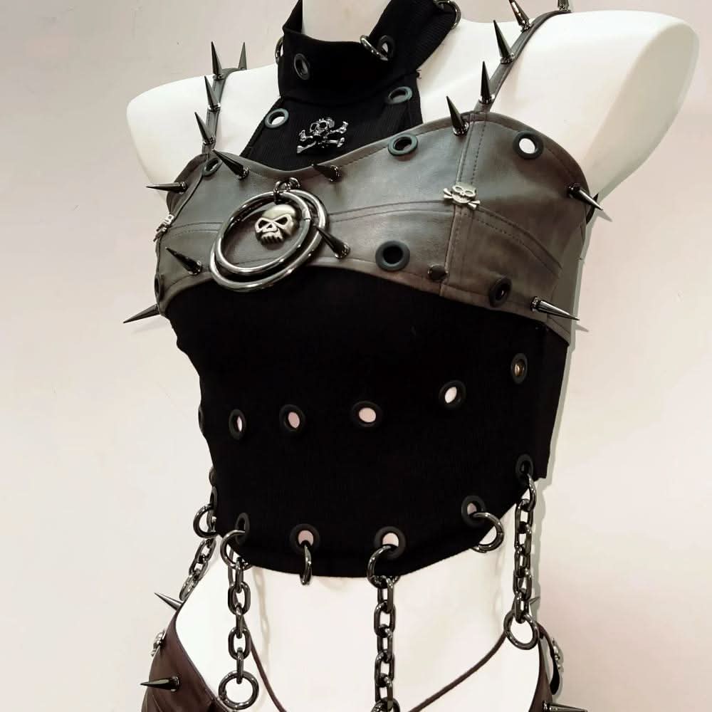 Halter PU leather o ring rivet skull short pant set