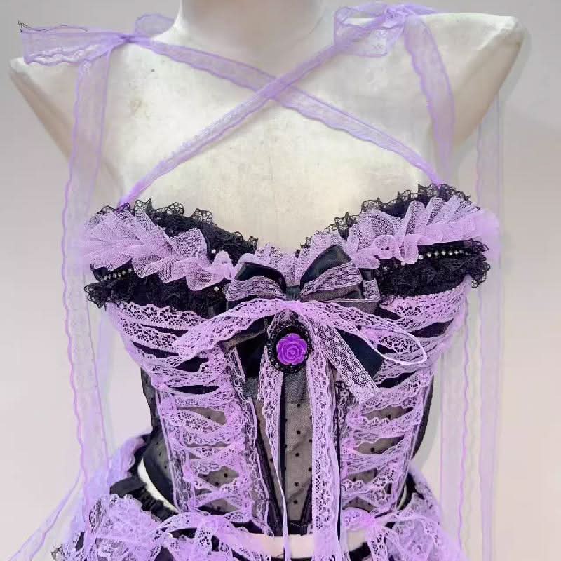 Cross front lace hem bowknot self tie mini skirt set