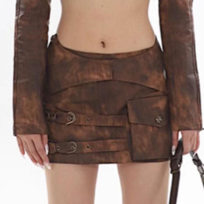 Long sleeve PU leather buckle pocket mini skirt set
