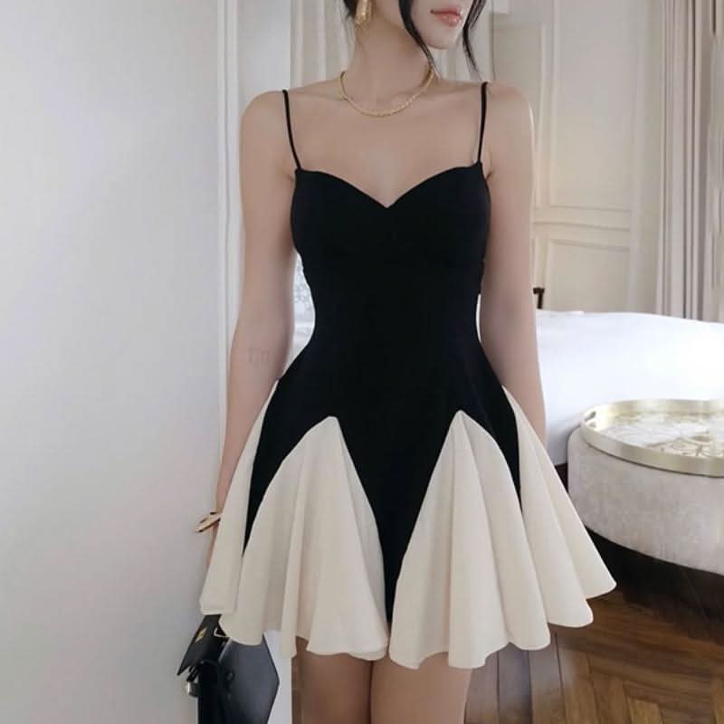 V neck ruffle contrast backless cami mini dress