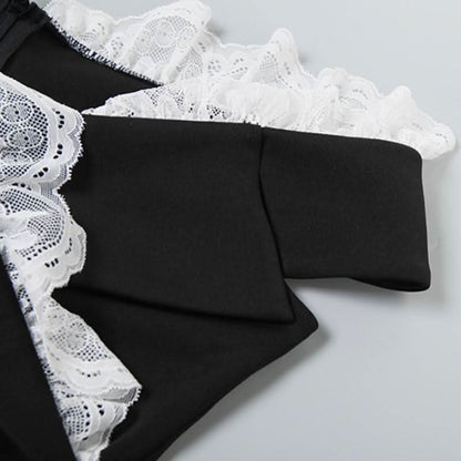 Off shoulder lace hem v neck zip-up bodysuit