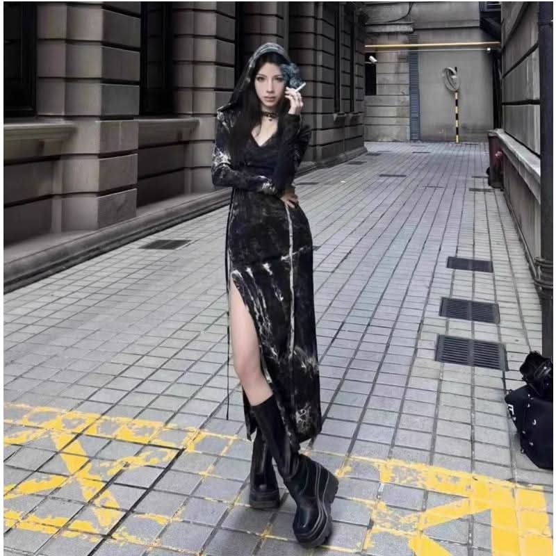 Long sleeve slit tie dye v neck maxi dress