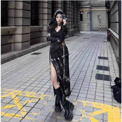 Long sleeve slit tie dye v neck maxi dress