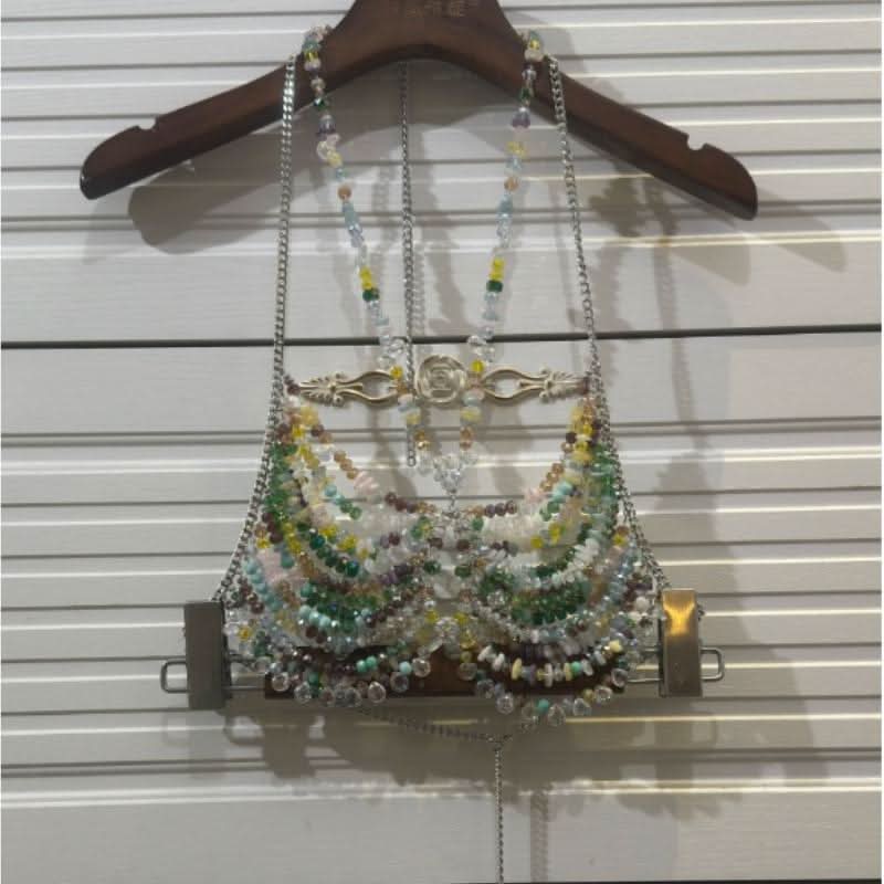 Halter metal chain hollow out beaded cut out top