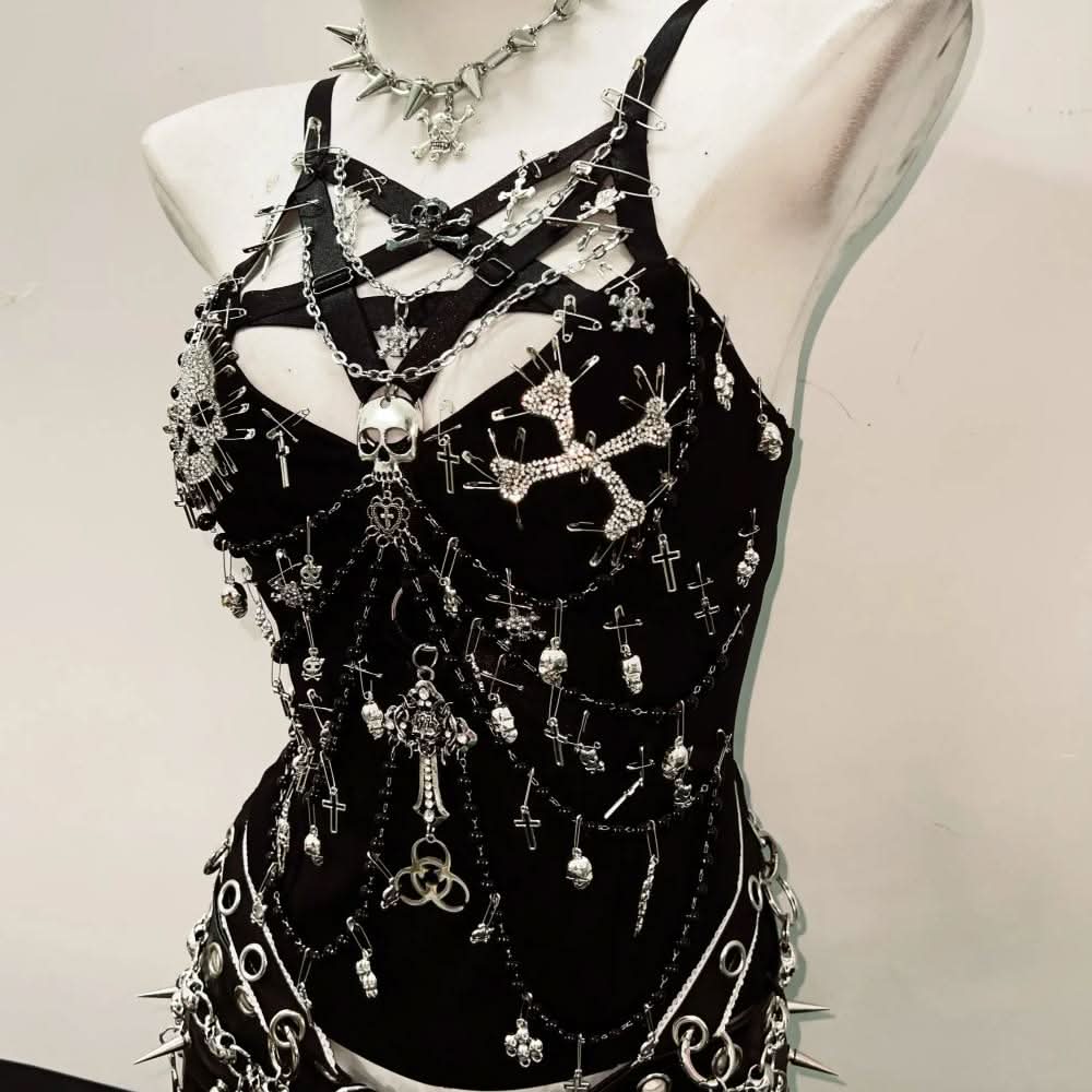 PU leather beaded skull o ring metal chain mini skirt set