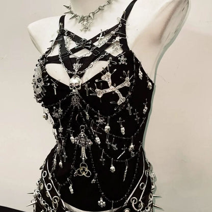 PU leather beaded skull o ring metal chain mini skirt set