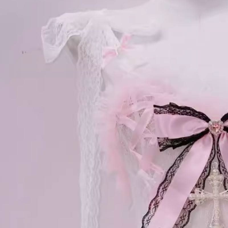 Bowknot lace hem padded v neck self tie mini skirt set