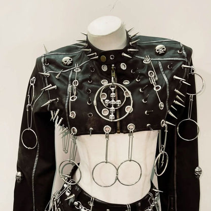 Long sleeve PU leather o ring rivet mini skirt set