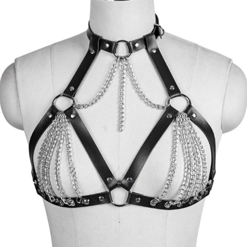 O ring halter PU leather metal chain harness top