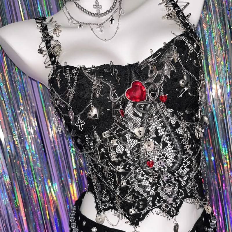 Metal chain love applique v neck hollow out cami cut out top