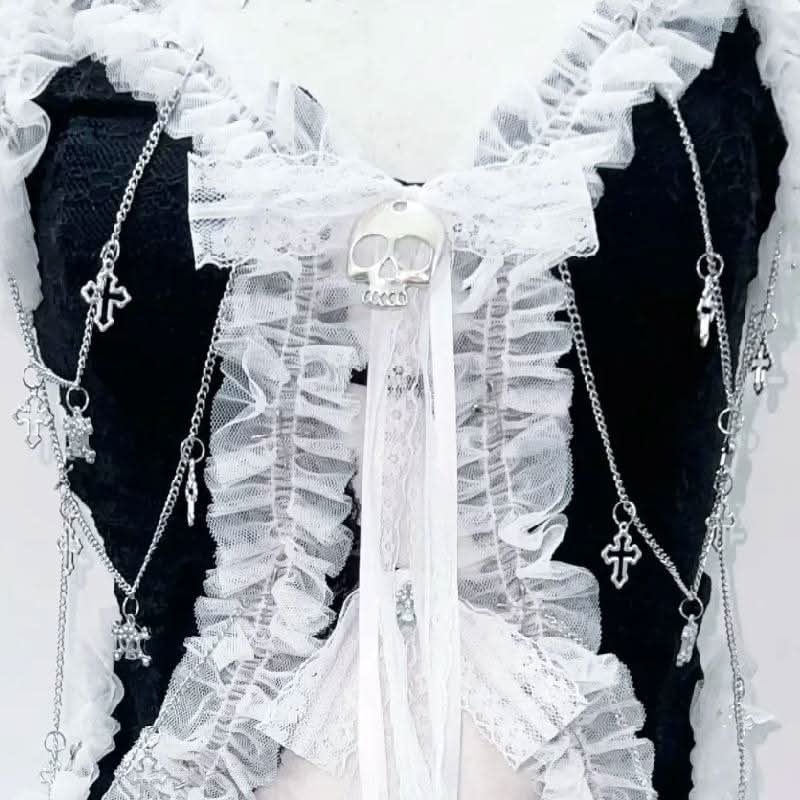 Lace hem self tie bowknot skull applique mini skirt set