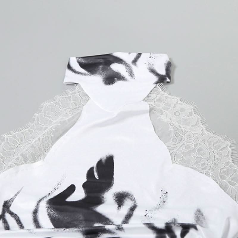 Halter button lace hem print backless top