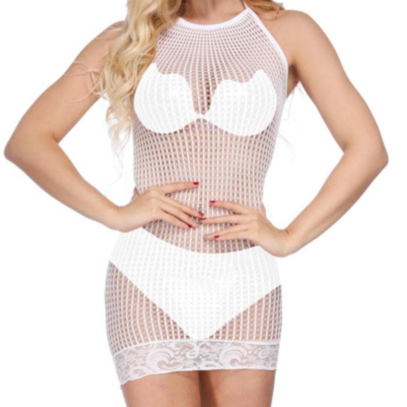 Halter lace hem solid net mini dress