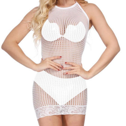 Halter lace hem solid net mini dress