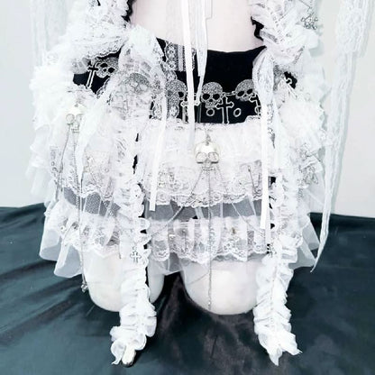 Lace hem self tie bowknot skull applique mini skirt set