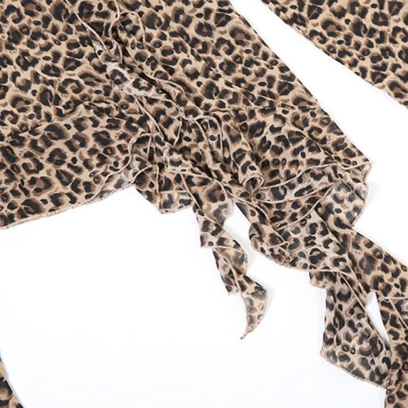 Long flared sleeve irregular leopard print v neck top
