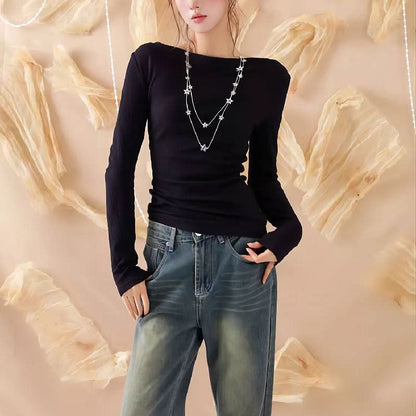 Long sleeve hollow out beaded v neck cut out top