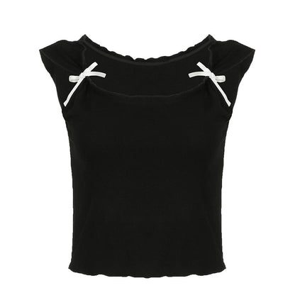 Cap sleeve bowknot u neck ruffle top