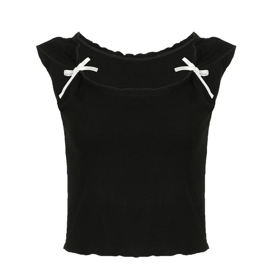 Cap sleeve bowknot u neck ruffle top
