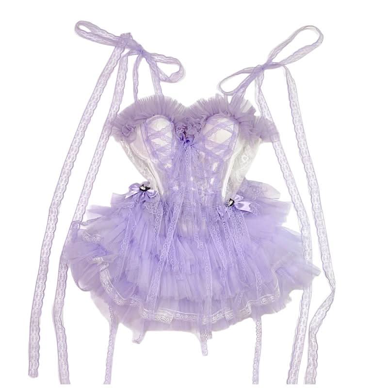 Sweetheart neck mesh lace hem self tie cami mini dress
