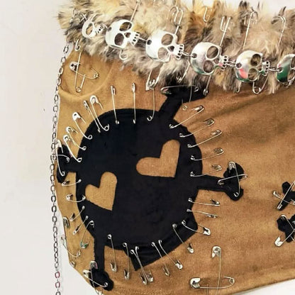 Long sleeve zip-up fluffy skull pattern mini skirt set