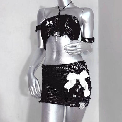 Halter bowknot hollow out knotted tassels mini skirt set