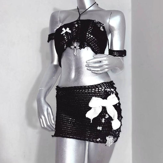 Halter bowknot hollow out knotted tassels mini skirt set